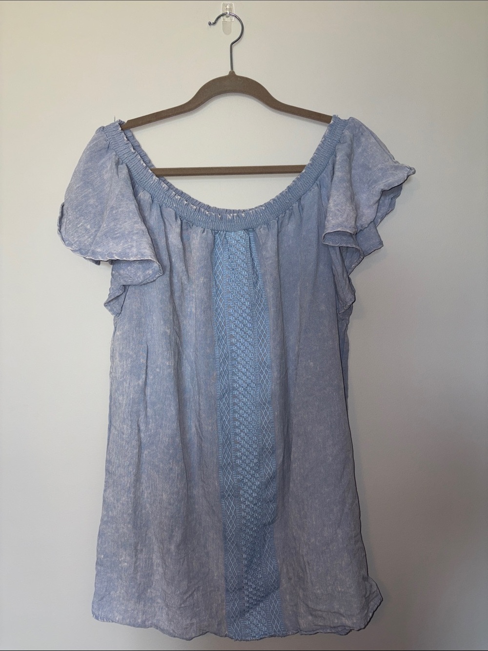 Umgee Light Blue Off-Shoulder Tunic with Center Crochet Panel Medium